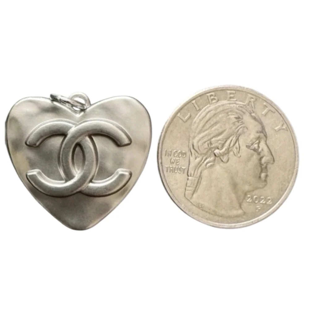 CHANEL Silver Heart CC Logo Pendant Charm